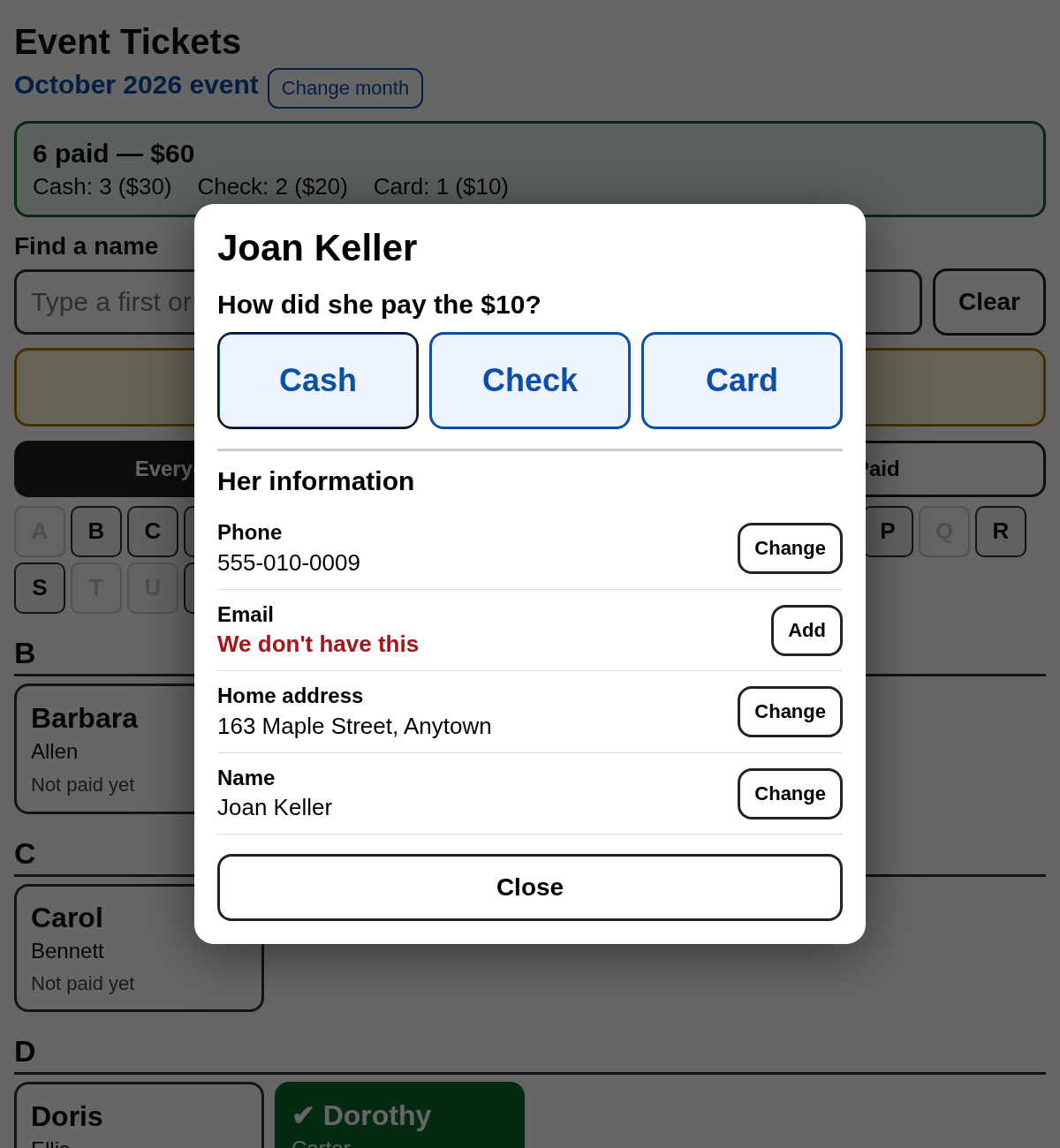 The pop-up when you tap a name, shown with made-up information